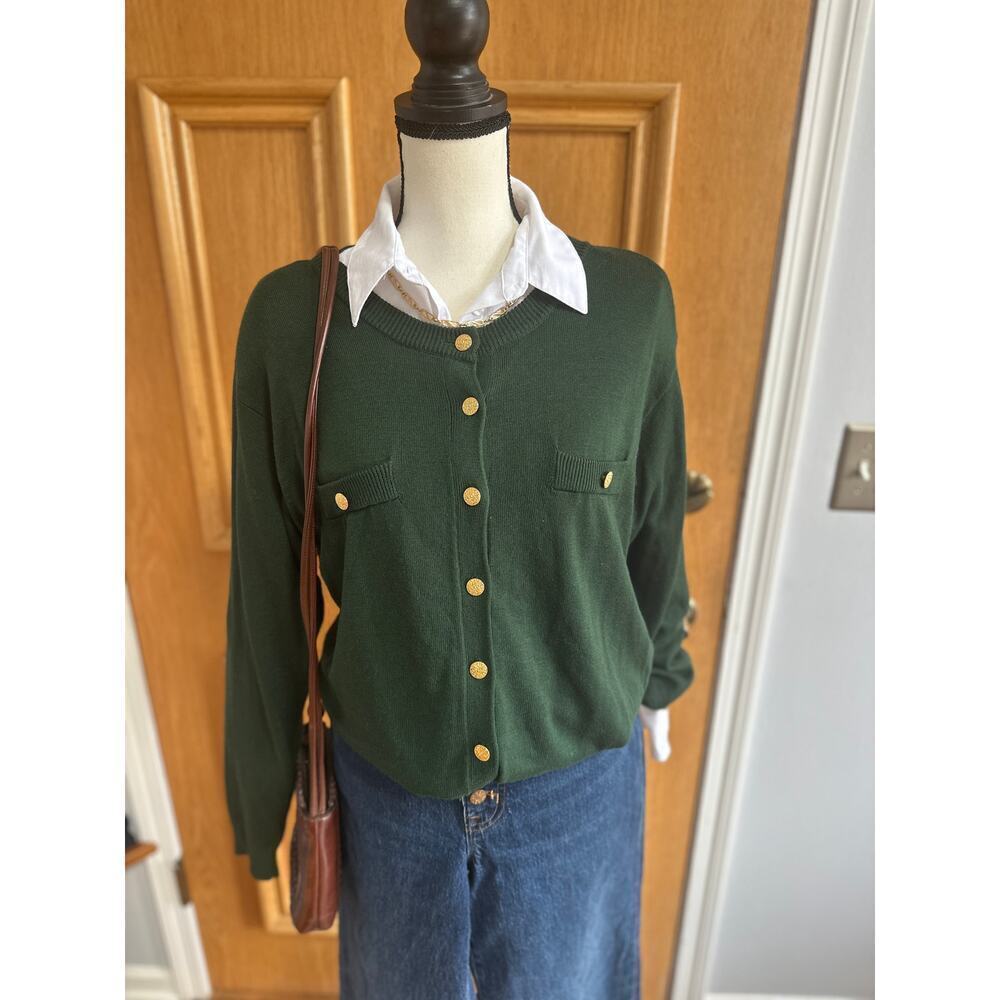 Vintage Women’s Green Cardigan Sweater Gold Button Knit Retro Preppy M